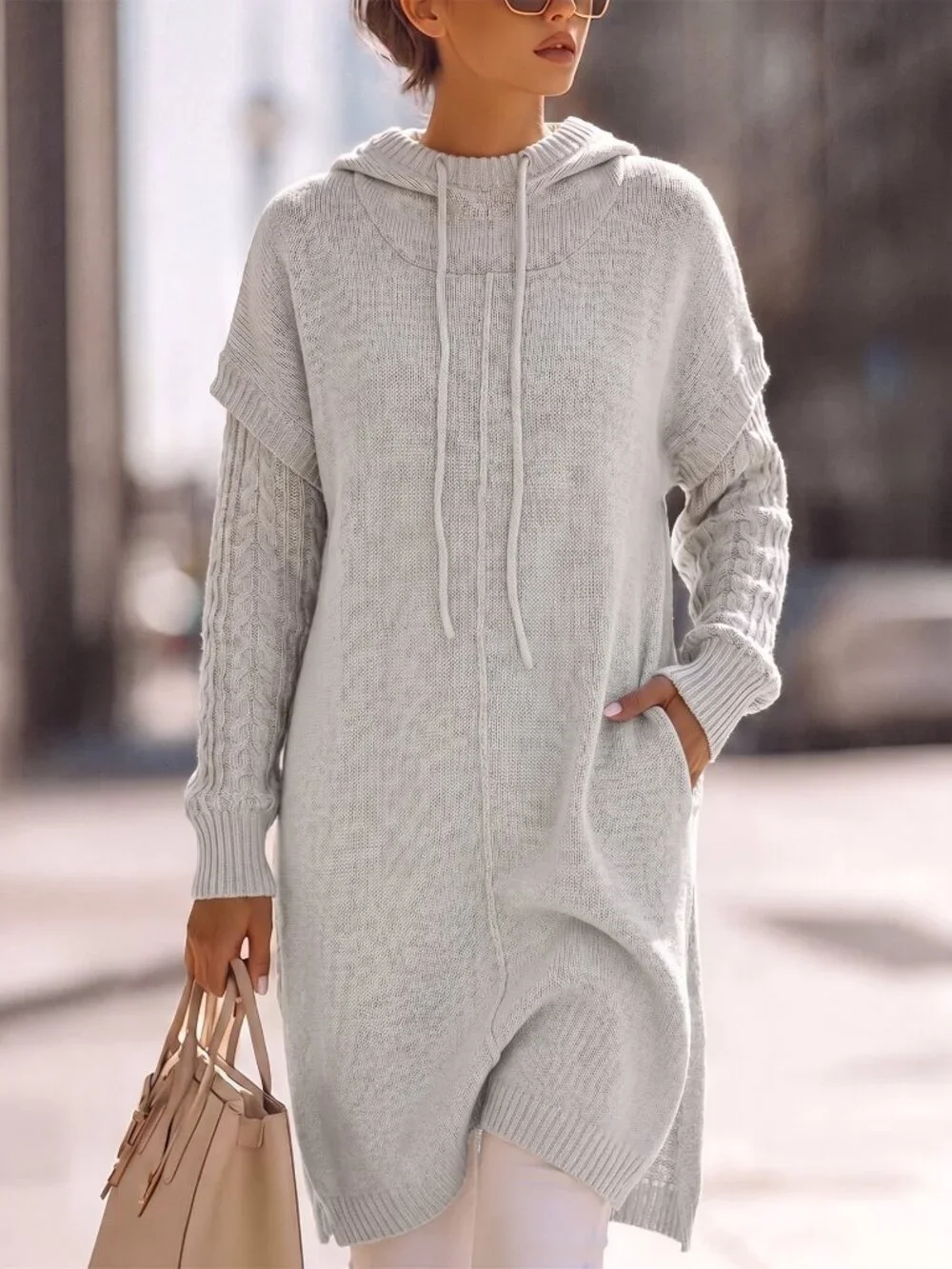 Grey Casual Women's Hooded Cable Knit Patchwork Long Sleeve Mid-Length Sweater
